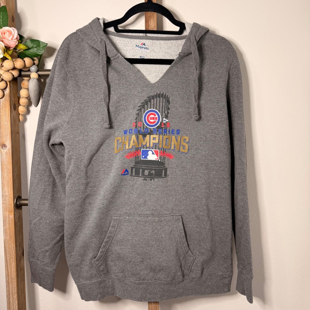 Majestic Chicago Cubs 2016 World Series Champions Hoodie V Neck Gray Size Large - Picture 2 of 9